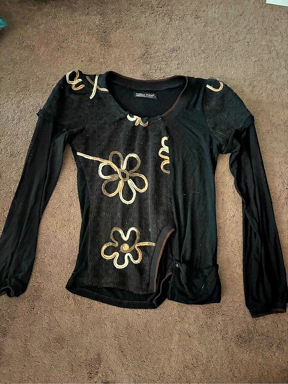 Foria Paris Long Sleeve Embroidered Top in Black